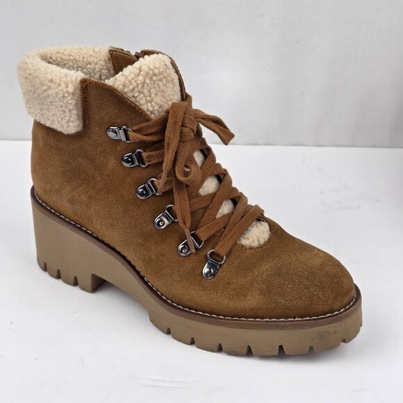 Blondo Waterproof Lace-Up Suede Ankle Boots W/ Faux Shearling Lining Tan Size 7 - Picture 2 of 15
